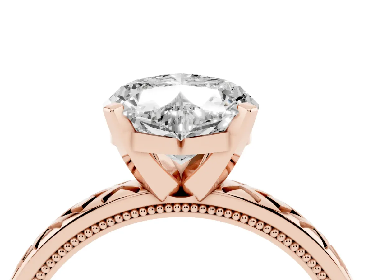 Heart Cut Solitaire Diamond Ring with Milgrain and Black Enamel X Pattern Band Rose gold