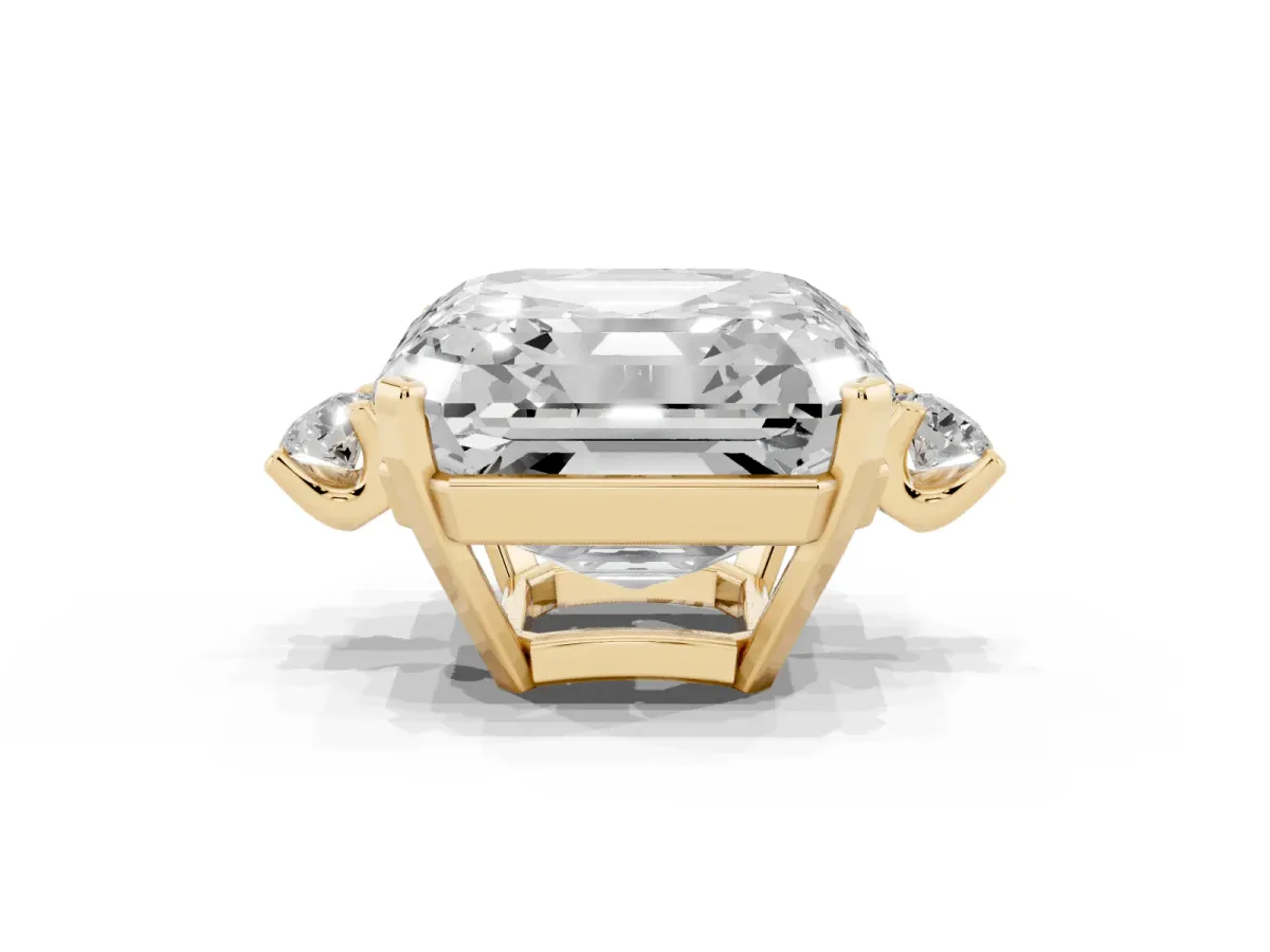 Asscher Cut Cut Three-Stone Solitaire Ring with Round Accent Diamonds and Four-Prong Setting Yellow gold