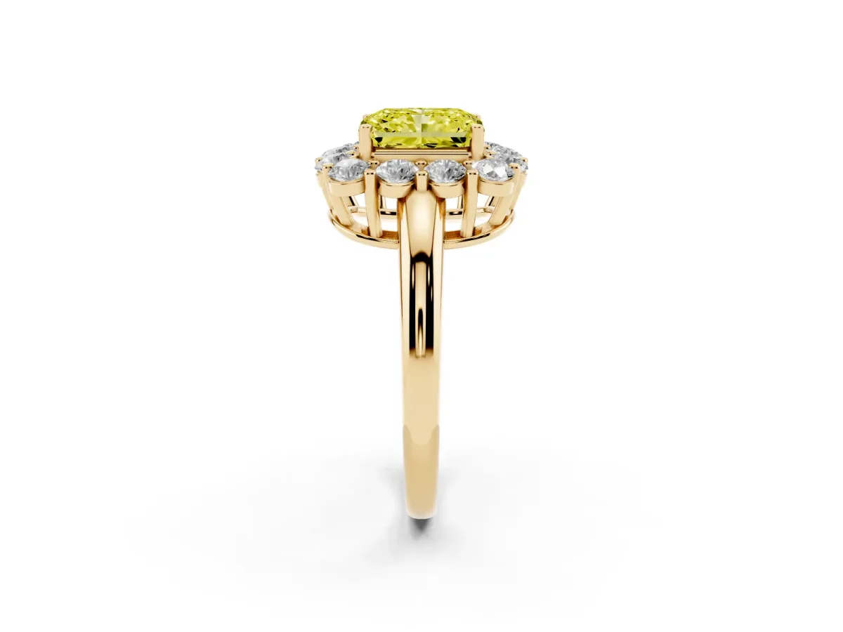 Fancy Yellow Radiant Cut Halo Cluster Diamond Engagement Ring with Prong Setting and Polished Band Yellow gold