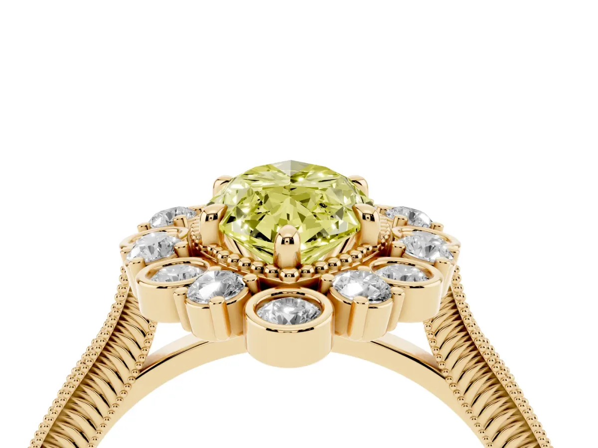 Fancy Yellow Marquise Cut Halo Milgrain Pave Diamond Ring with Four-Prong Setting Yellow gold