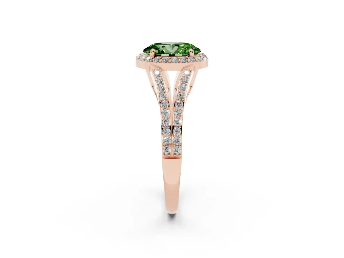 Fancy Green Oval Cut Halo Split Shank Diamond Ring with Prong Setting Rose gold