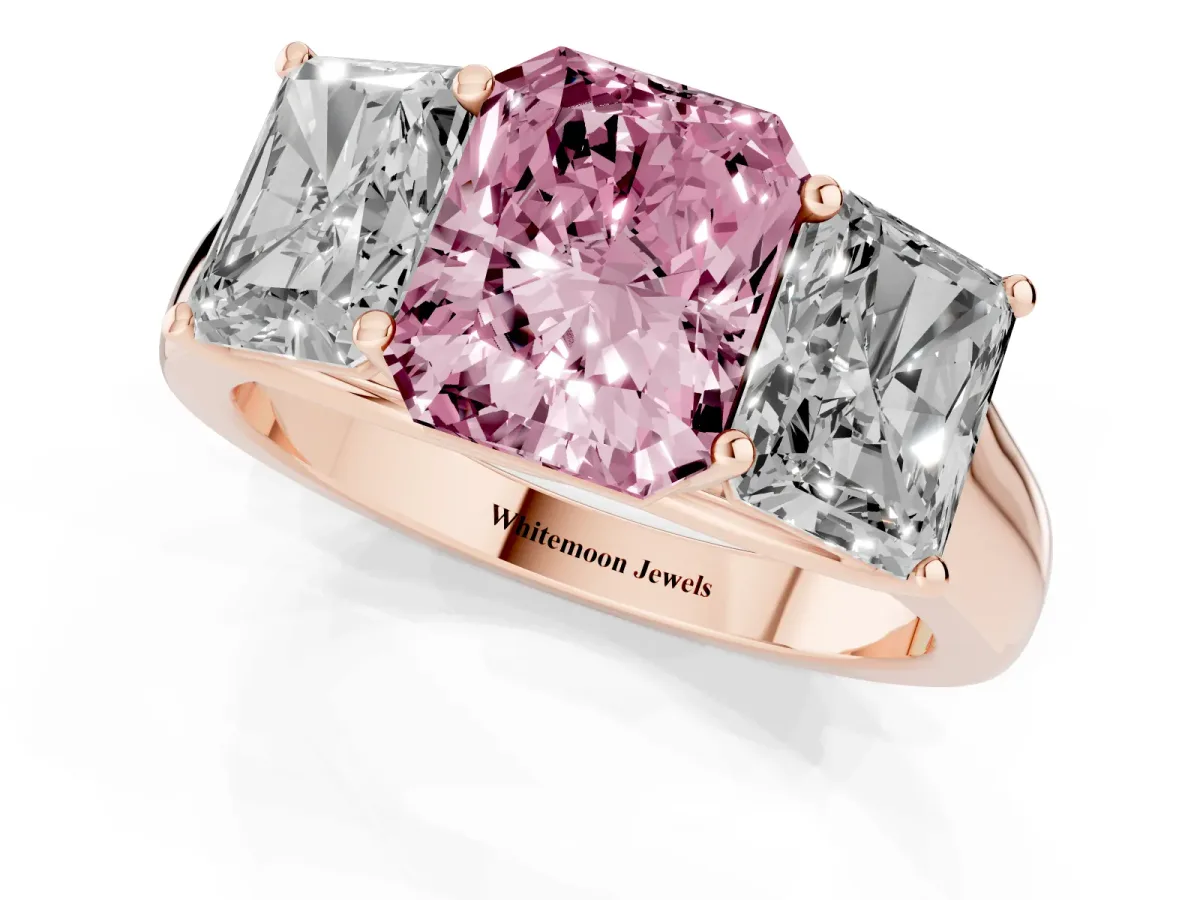 Fancy Pink Radiant Cut Three-Stone Diamond Ring with Prong Setting on a Classic Band Rose gold