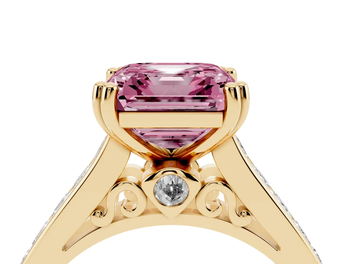 Fancy Pink Asscher Cut Cut Channel Set Solitaire Engagement Ring with Prong Setting Yellow gold