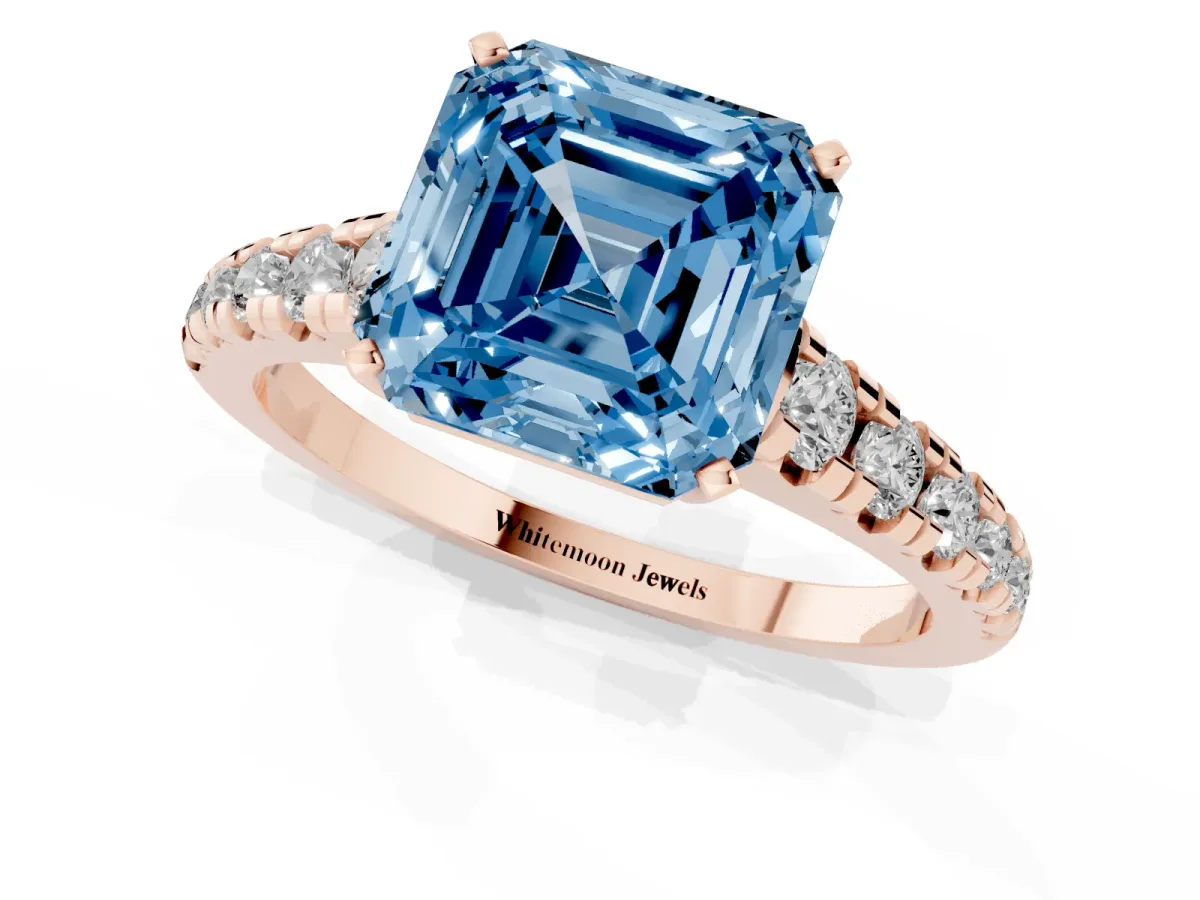 Fancy Blue Asscher Cut Diamond Cathedral Solitaire Ring with Round Pavé Band Rose gold