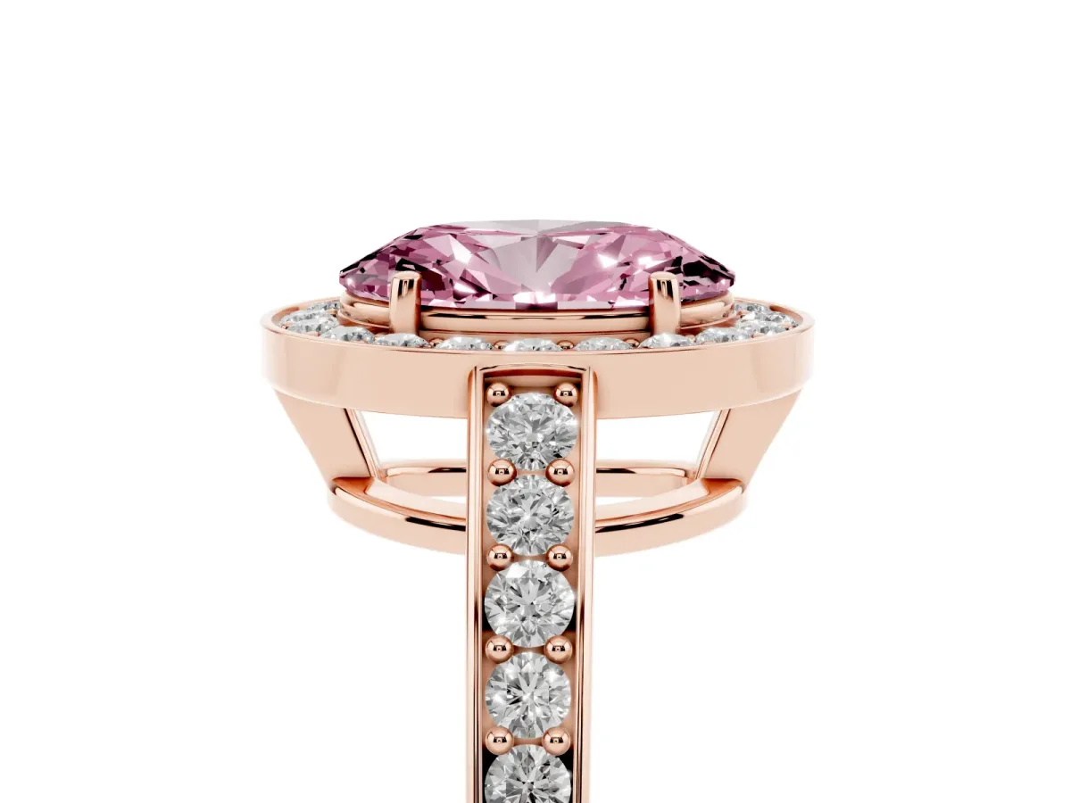 Fancy Pink Oval Cut Halo Pavé Diamond Engagement Ring with Bezel Setting Rose gold