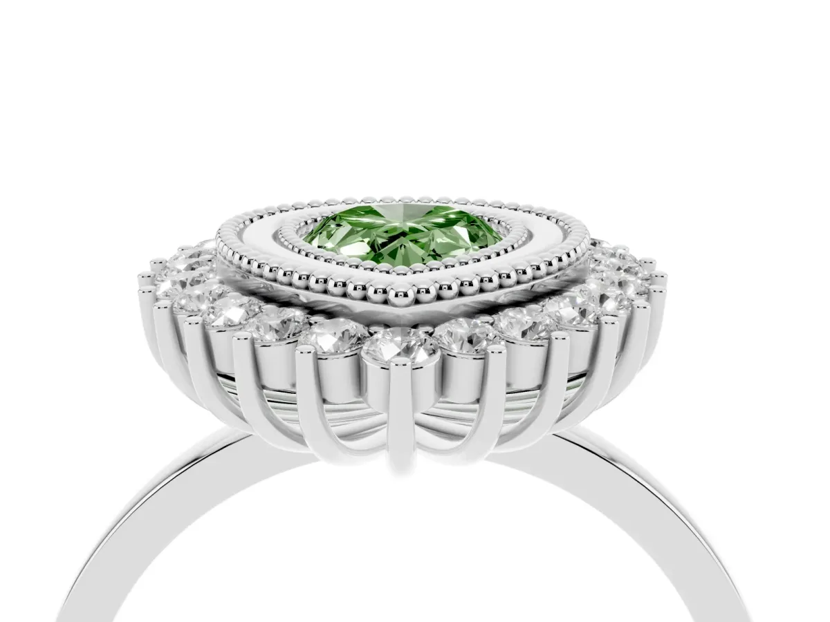 Fancy Green Pear Cut Halo Diamond Ring with Milgrain Edge and Round Prong Setting Silver