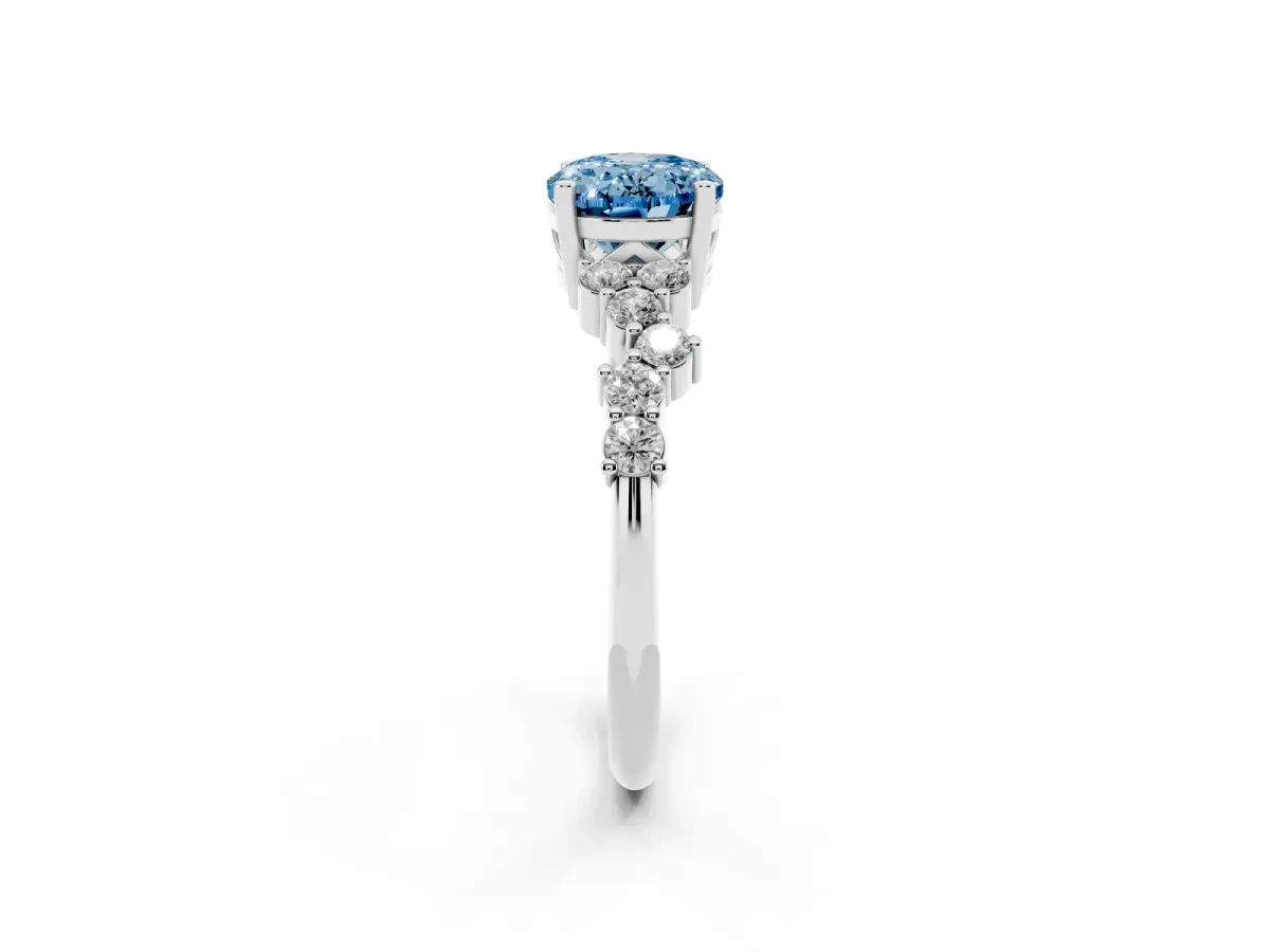 Fancy Blue Oval Cut Diamond Scattered Round Accent Ring with Prong Setting White gold