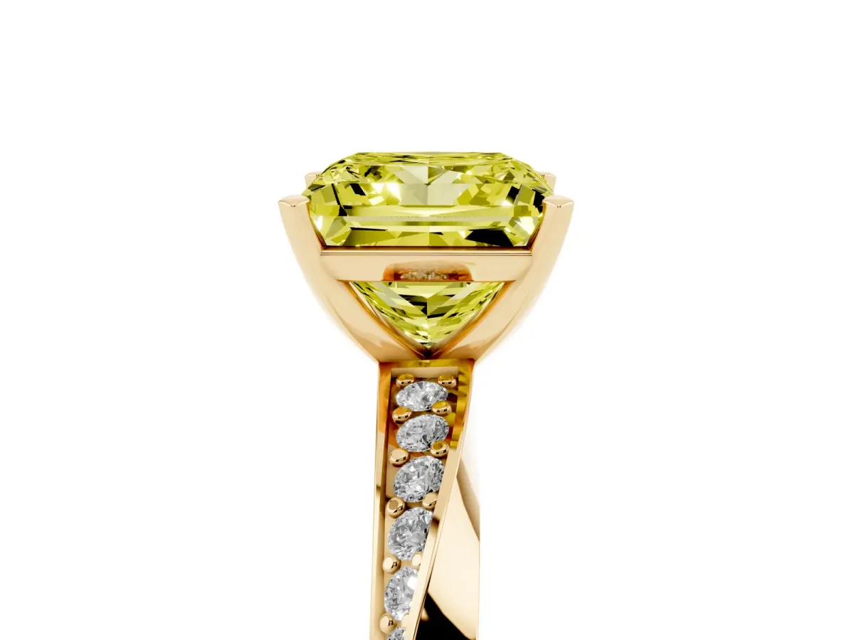 Fancy Yellow Princess Cut Diamond Engagement Ring with Side Stone Accents and Four-Prong Setting Yellow gold