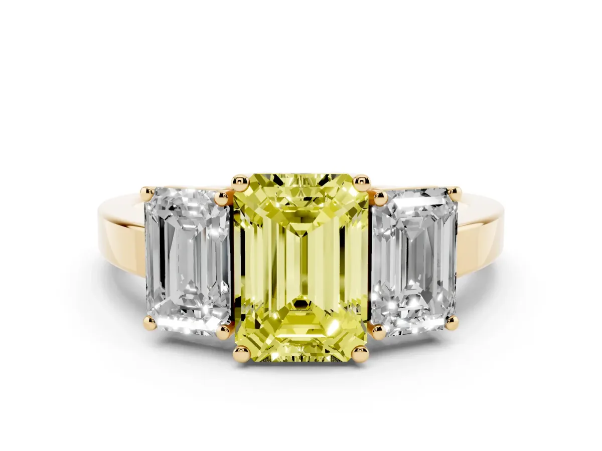 Fancy Yellow Three-Stone Emerald Cut Cut Diamond Engagement Ring with Flat Band and Four-Prong Setting Yellow gold