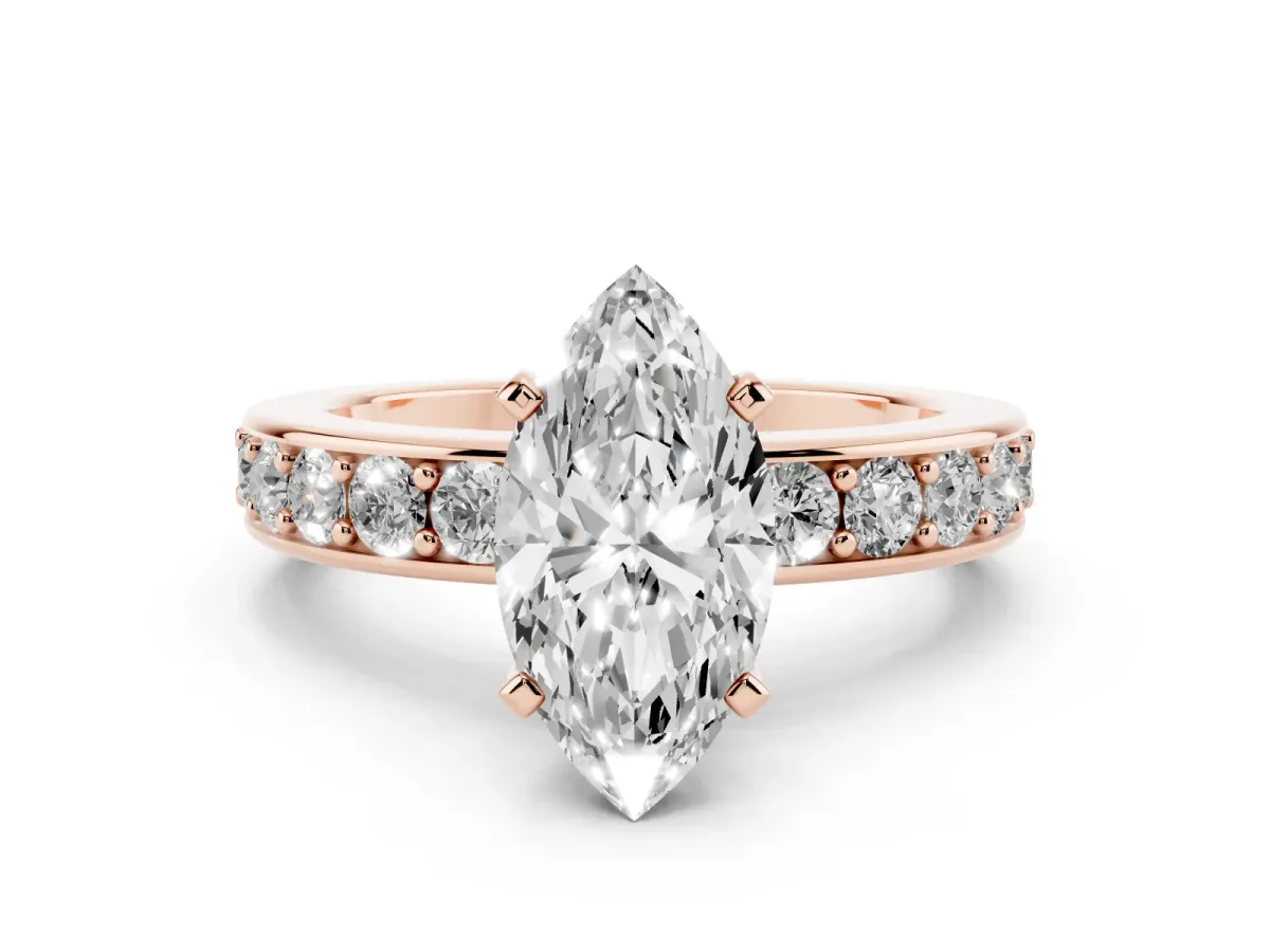 Marquise Cut Diamond Engagement Ring with Channel Set Round Band and Prong Setting Rose gold
