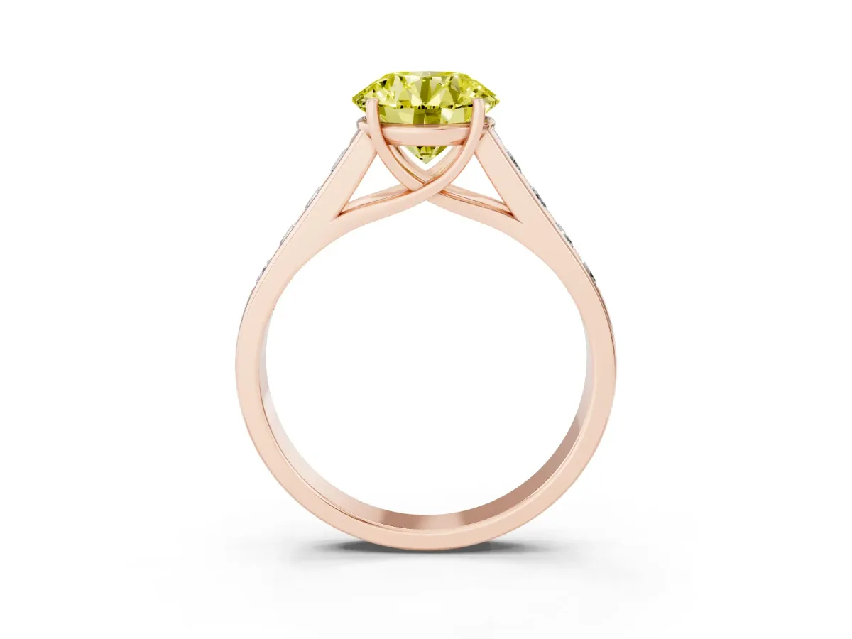 Fancy Yellow Round Cut Solitaire Channel-Set Diamond Engagement Ring with Four-Prong Setting Rose gold