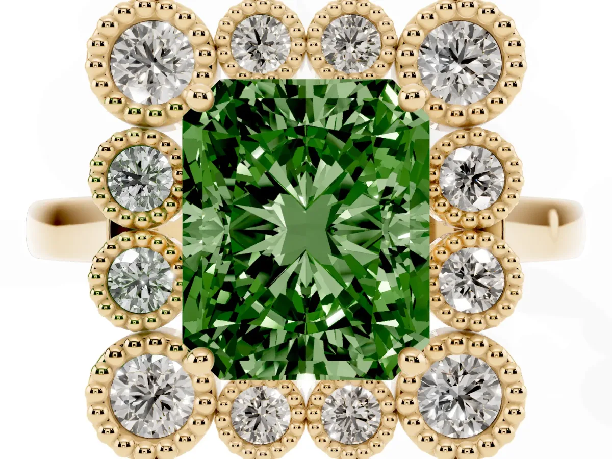 Fancy Green Radiant Cut Halo Diamond Cluster Engagement Ring with Milgrain Bezel Setting and Solitaire Band Yellow gold