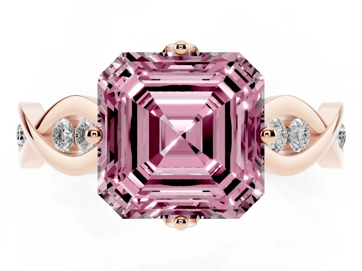 Fancy Pink Asscher Cut Solitaire Twist Band with Leaf Prong Setting Rose gold