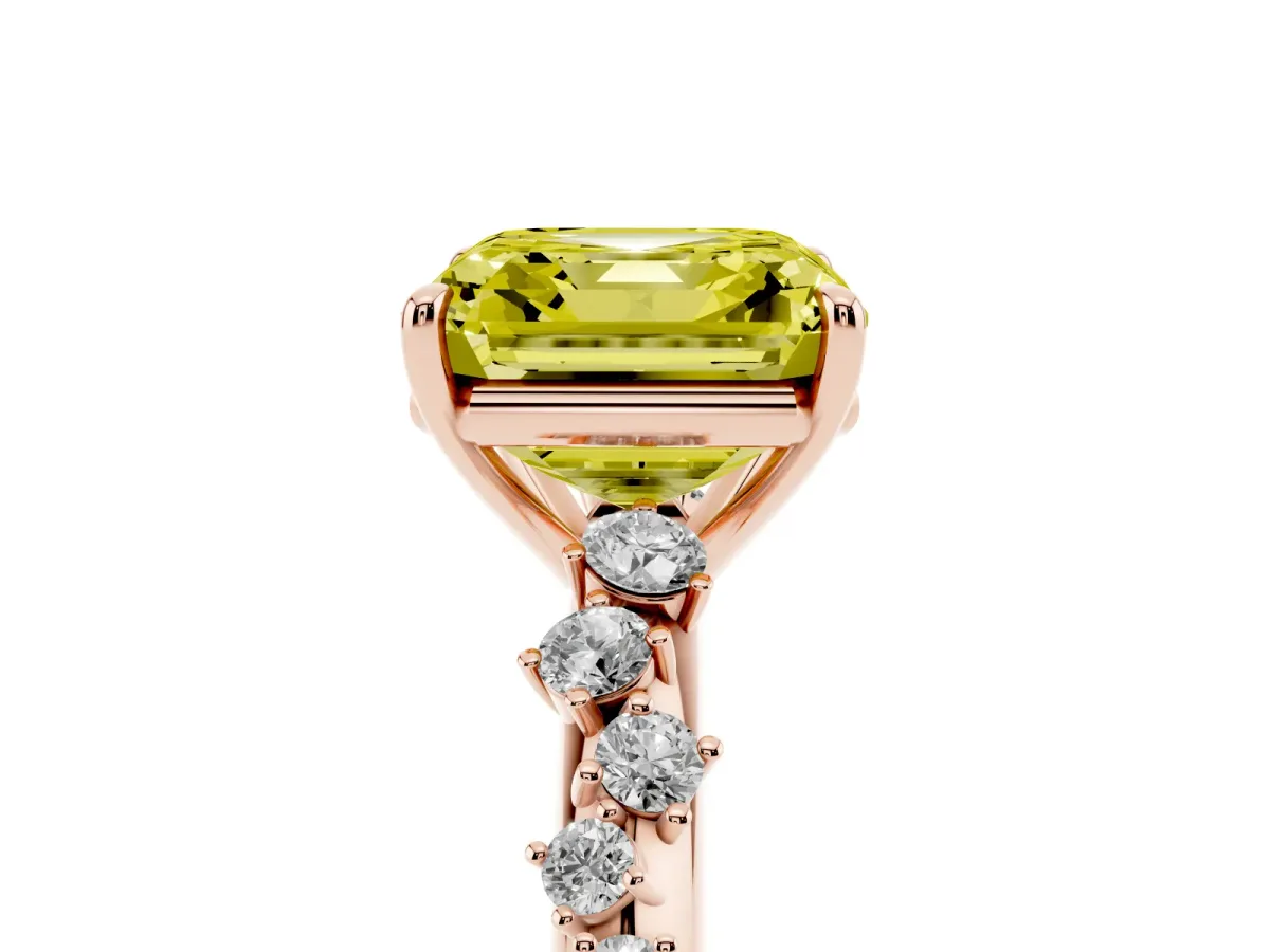 Fancy Yellow Asscher Cut Diamond Cluster Side Stone Solitaire Ring with Prong Setting Rose gold