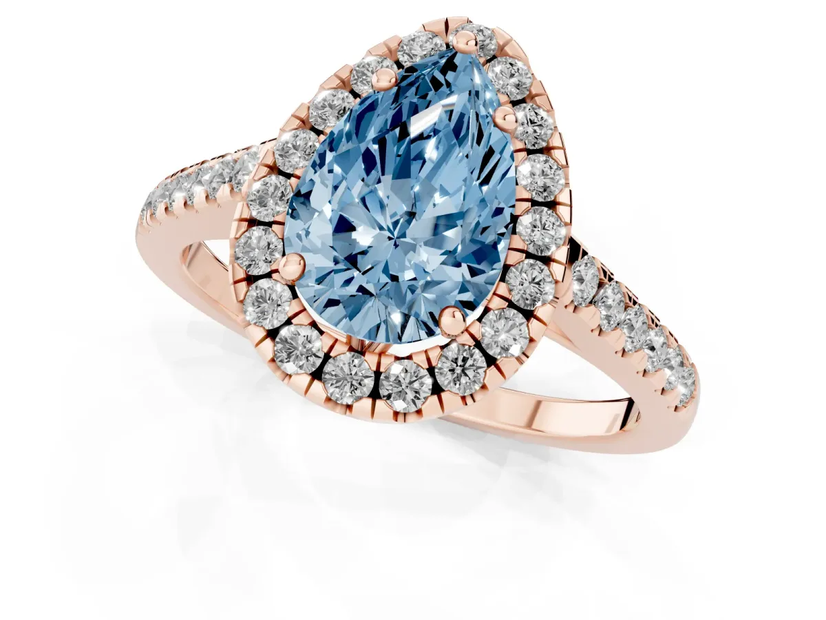Fancy Blue Pear Cut Halo Pavé Diamond Engagement Ring with Four-Prong Setting Rose gold