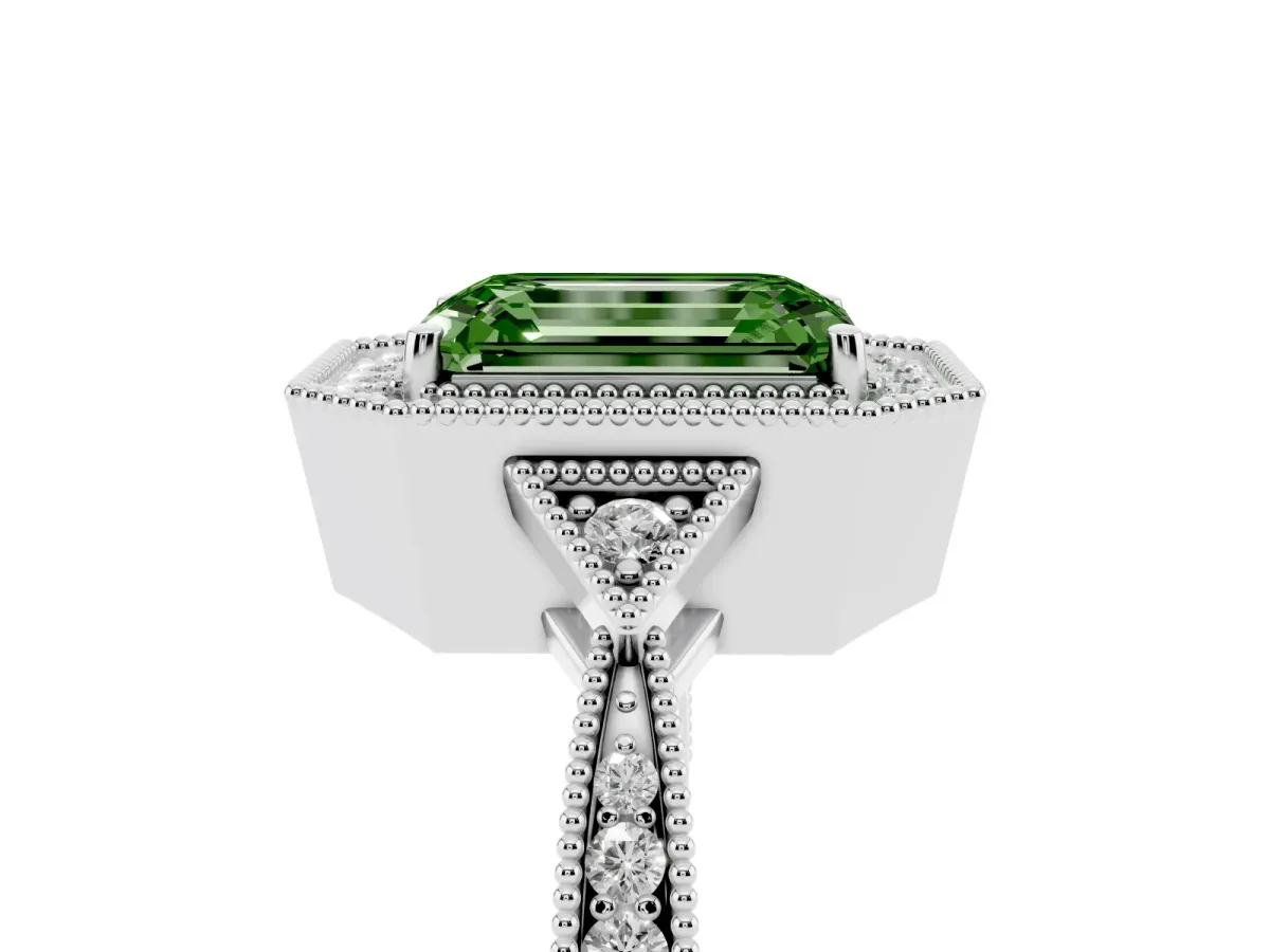 Fancy Green Emerald Cut Halo Round Diamond Milgrain Pave Engagement Ring Platinum