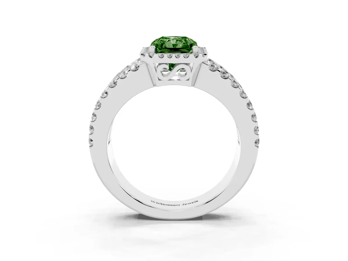 Fancy Green Radiant Cut Cut Halo Split Shank Diamond Ring with Four-Prong Setting Platinum