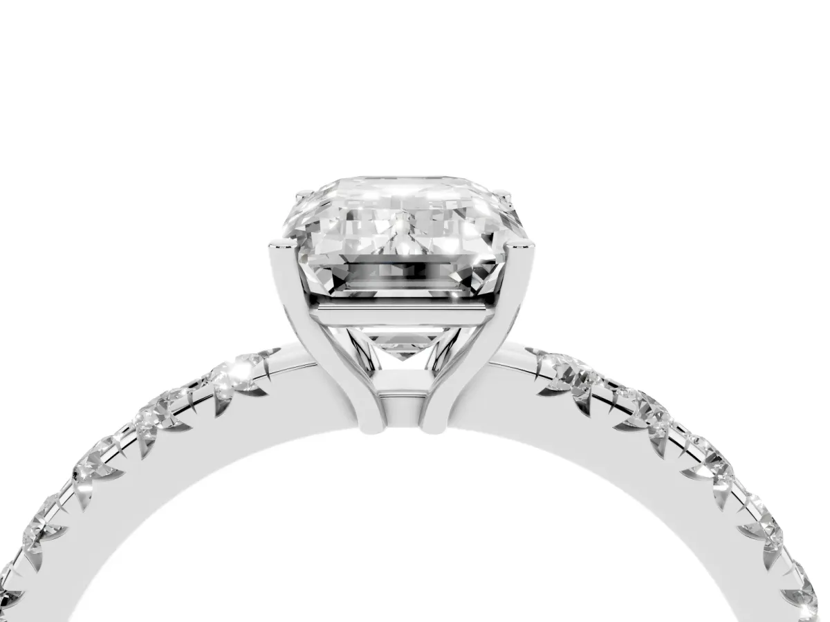 Emerald Cut Diamond Pavé Solitaire Engagement Ring with Four-Prong Setting Silver