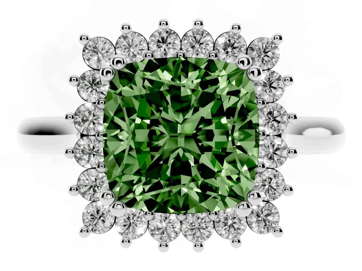 Fancy Green Cushion Cut Cut Diamond Halo Ring with Solitaire Band and Prong Setting Silver