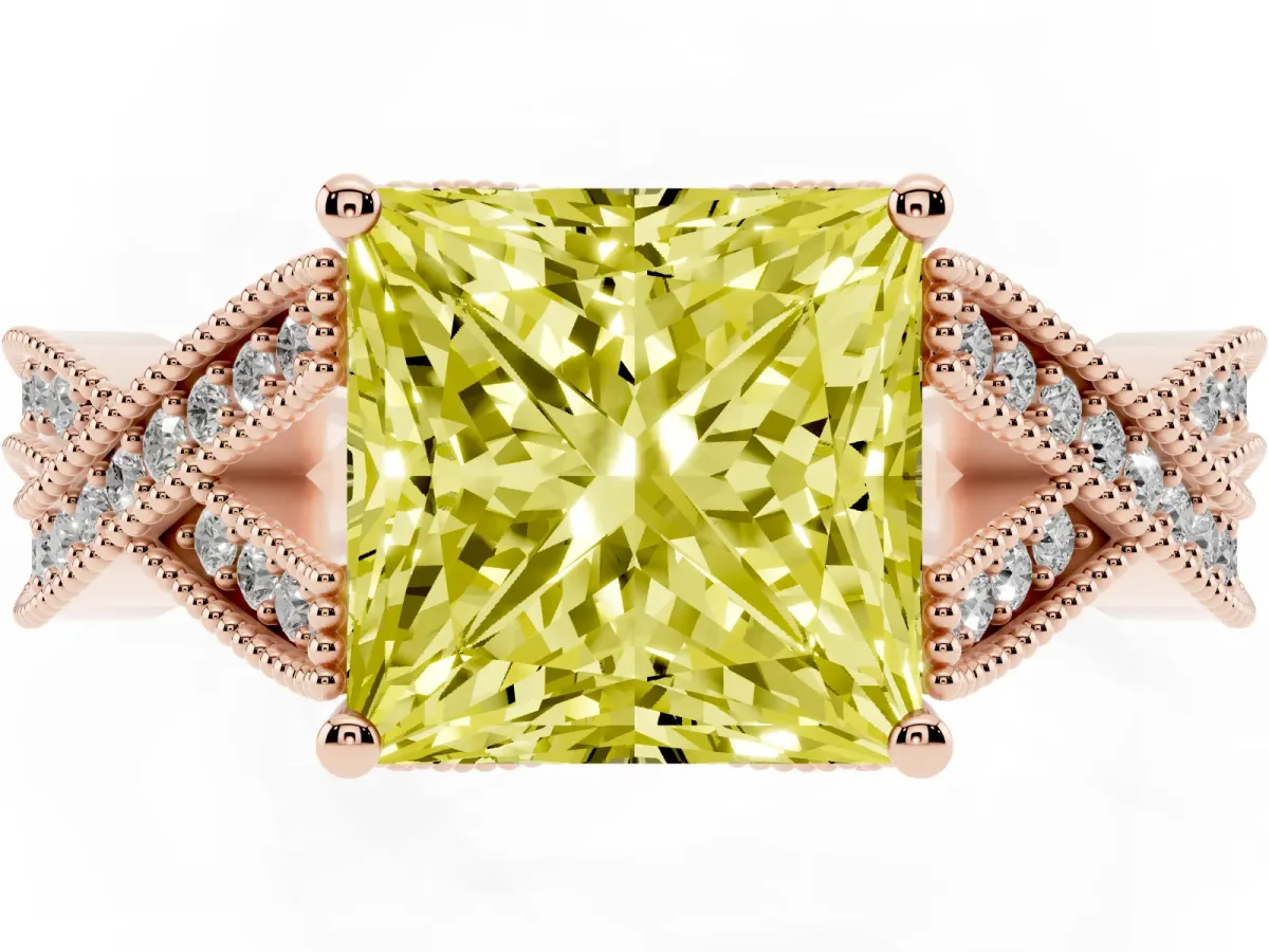 Fancy Yellow Princess Cut Cut Diamond Twisted Band with Milgrain Pave Setting and Four-Prong Setting Rose gold