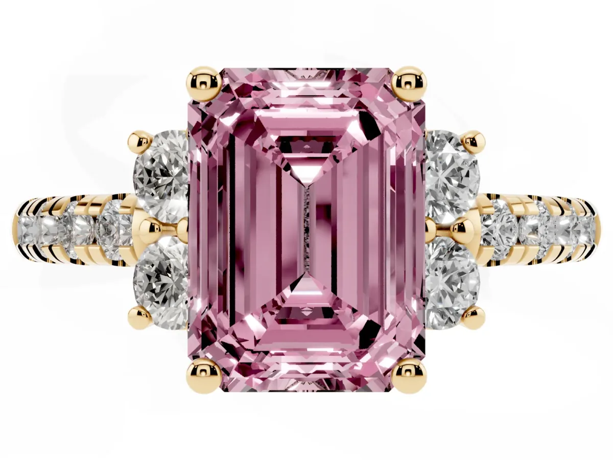 Fancy Pink Emerald Cut Diamond Three-Stone Pave Band with Four-Prong Setting Yellow gold