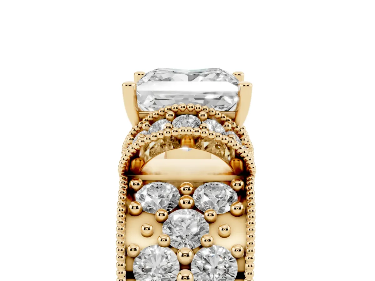 Princess Cut Halo Pave Diamond Engagement Ring with Milgrain Detailing Yellow gold