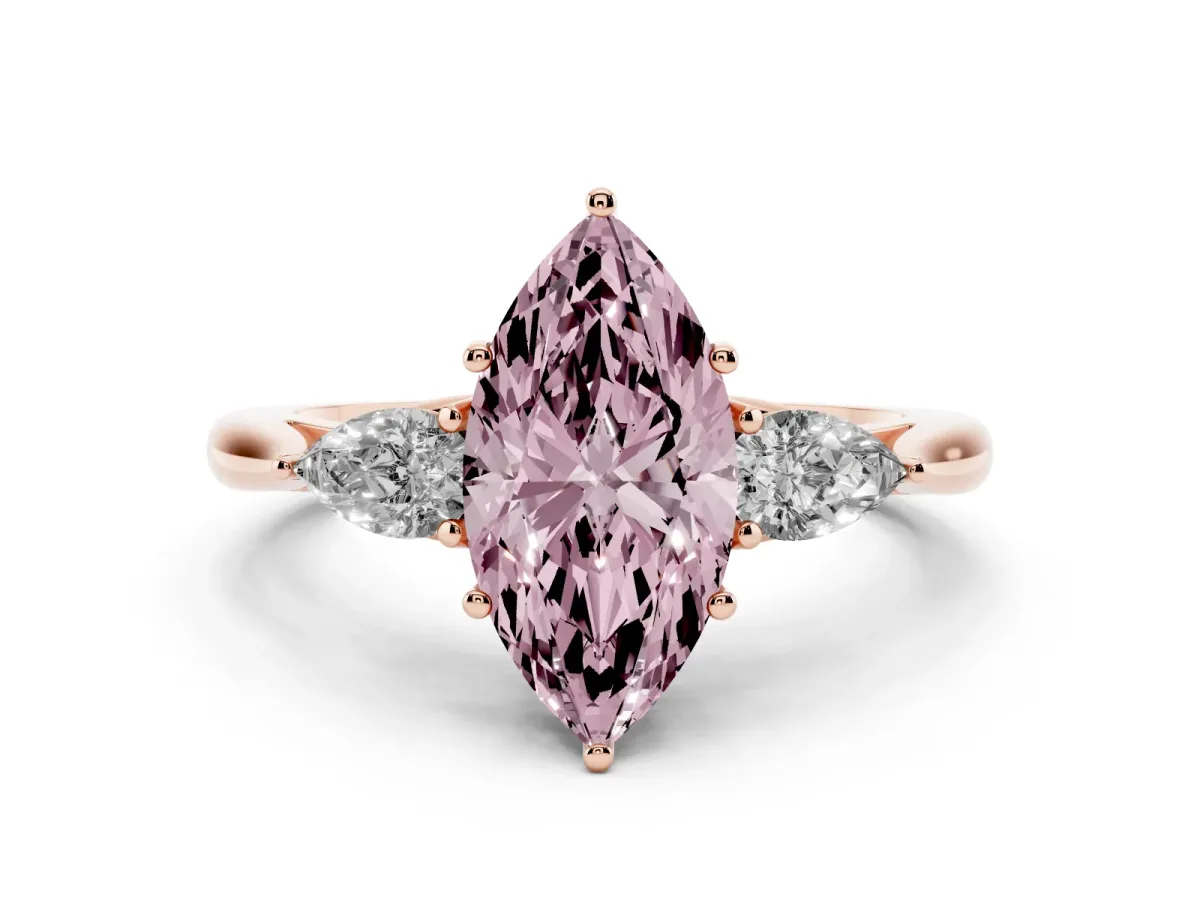 Fancy Pink Marquise Cut Diamond Three-Stone Ring with Pear Side Stones and Prong Setting Rose gold