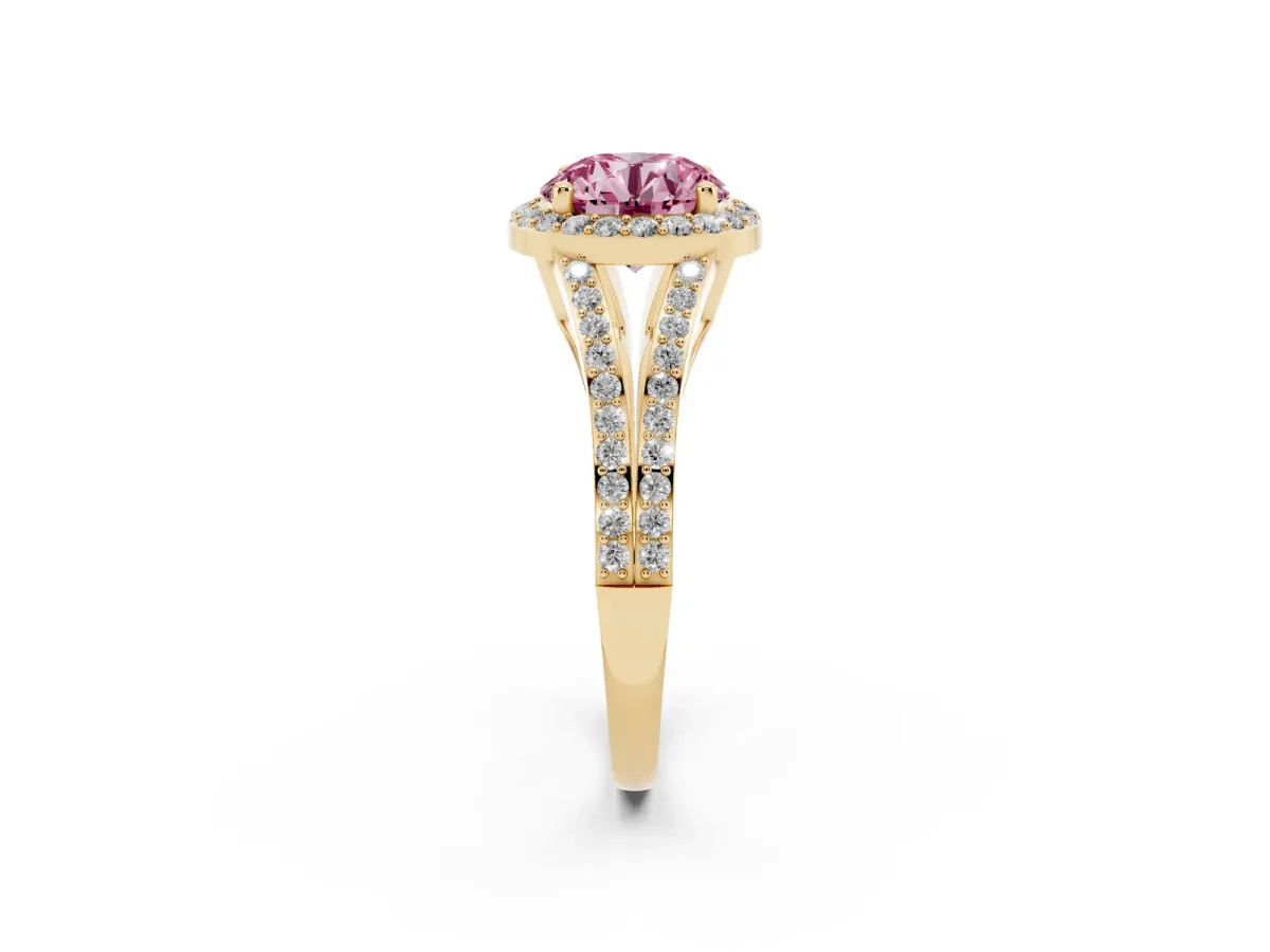 Fancy Pink Round Cut Halo Split Shank Diamond Ring with Prong Setting Yellow gold