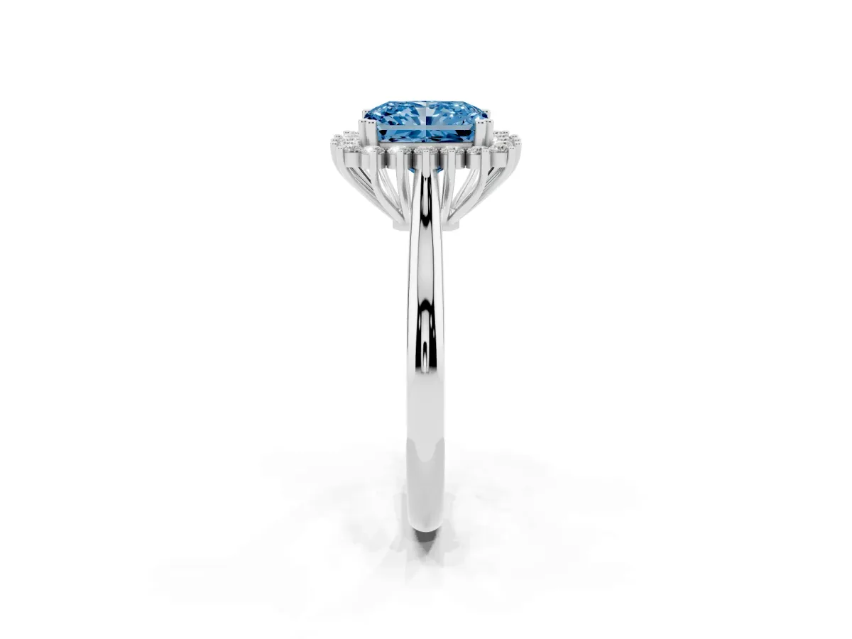 Fancy Blue Radiant Cut Cut Diamond Halo Ring with Solitaire Band and Prong Setting White gold