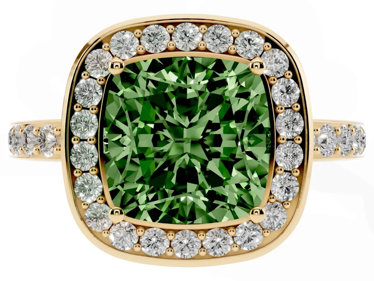 Fancy Green Cushion Cut Diamond Halo Ring with Bezel Frame and Pavé Band Yellow gold