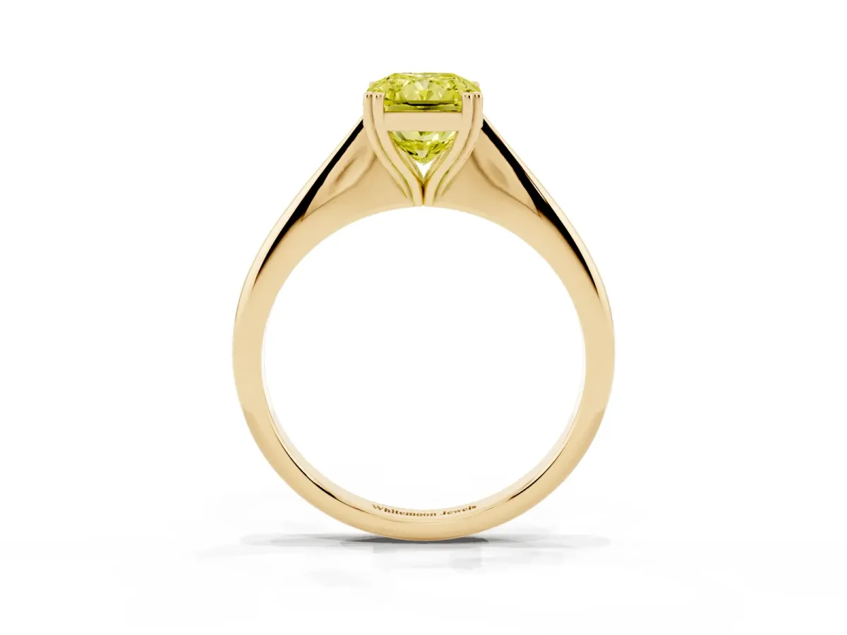 Fancy Yellow Radiant Cut Solitaire Diamond Ring with Six-Prong Setting and Classic Band Yellow gold