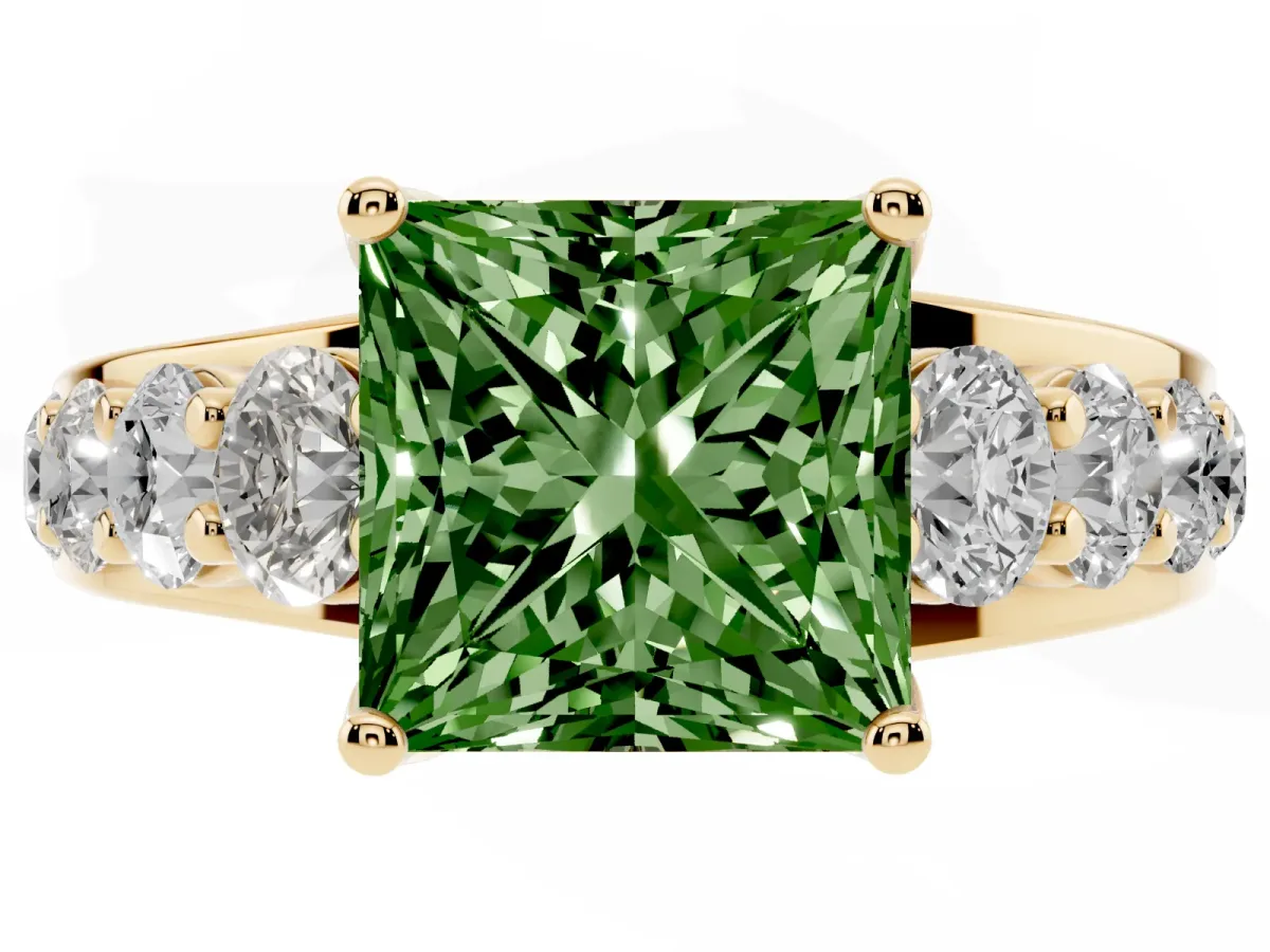 Fancy Green Princess Cut Diamond Engagement Ring with Pavé Band and Four-Prong Setting Yellow gold