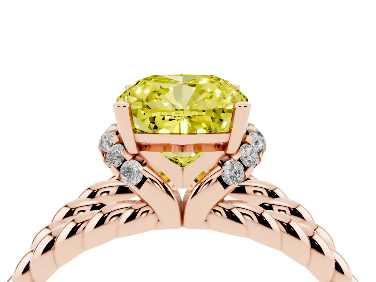 Fancy Yellow Cushion Cut Halo Twisted Band Four-Prong Ring Rose gold