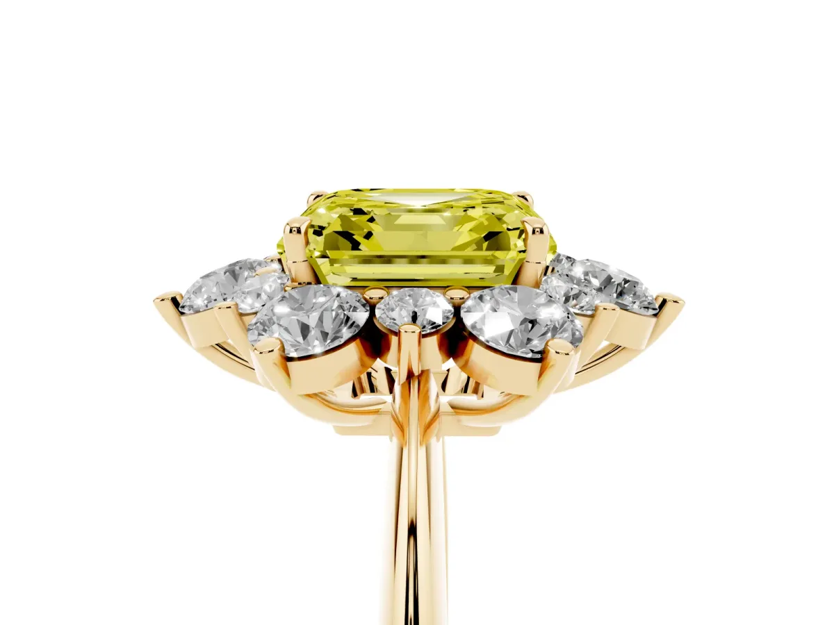 Fancy Yellow Asscher Cut Diamond Cluster Halo Ring with Solitaire Band and Four-Prong Setting Yellow gold