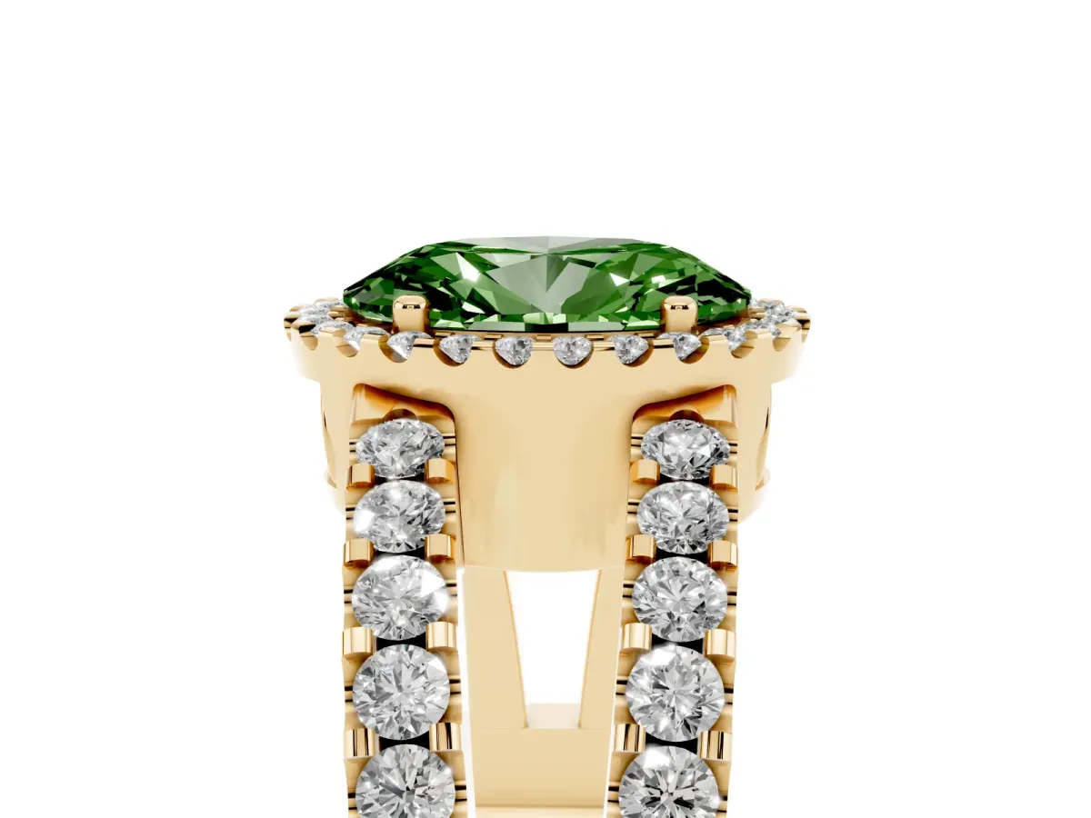 Fancy Green Oval Cut Cut Halo Split Shank Diamond Ring with Four-Prong Setting Yellow gold