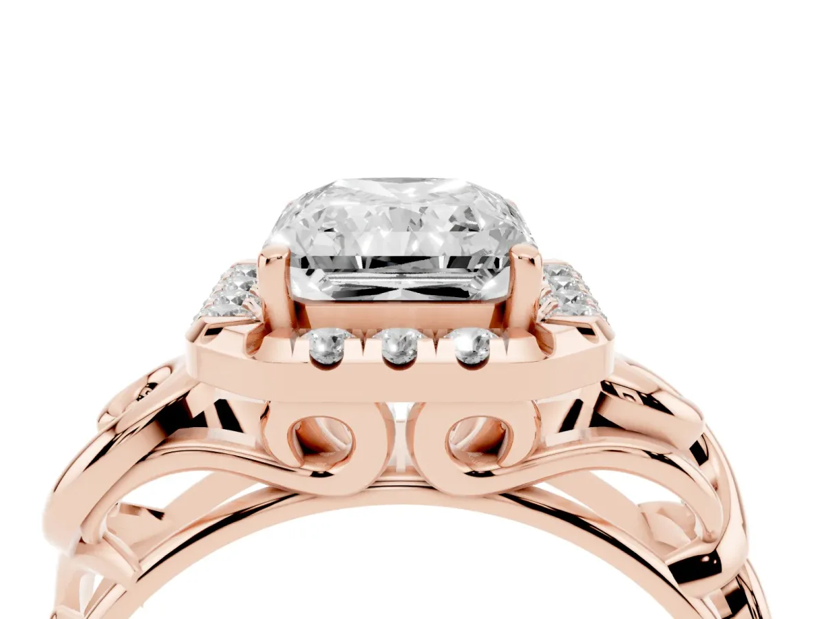 Radiant Cut Cut Halo Diamond Ring with Scrollwork Band and Four-Prong Setting Rose gold