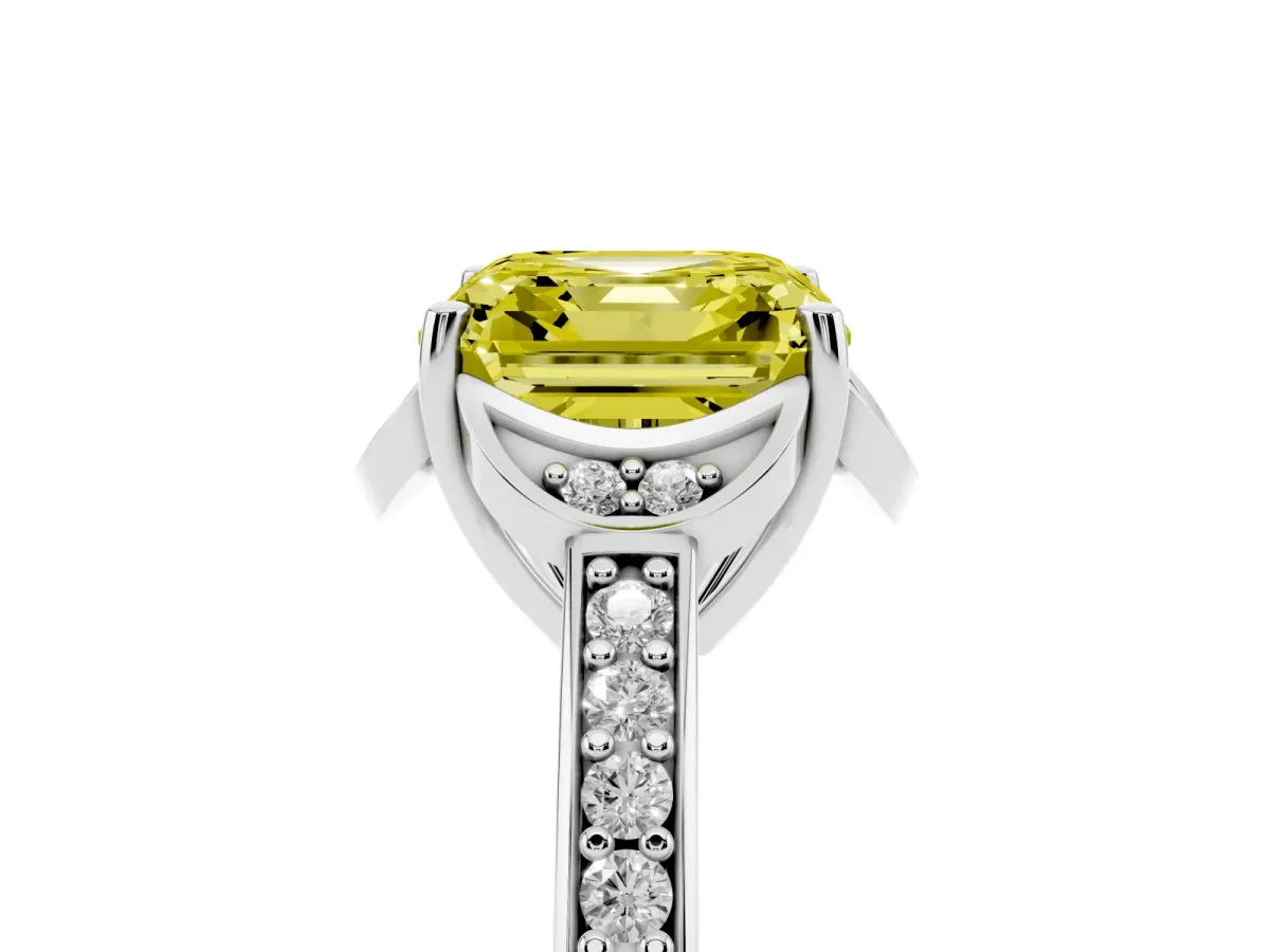 Fancy Yellow Asscher Cut Cut Halo Diamond Ring with Channel Set Band and Four-Prong Setting White gold