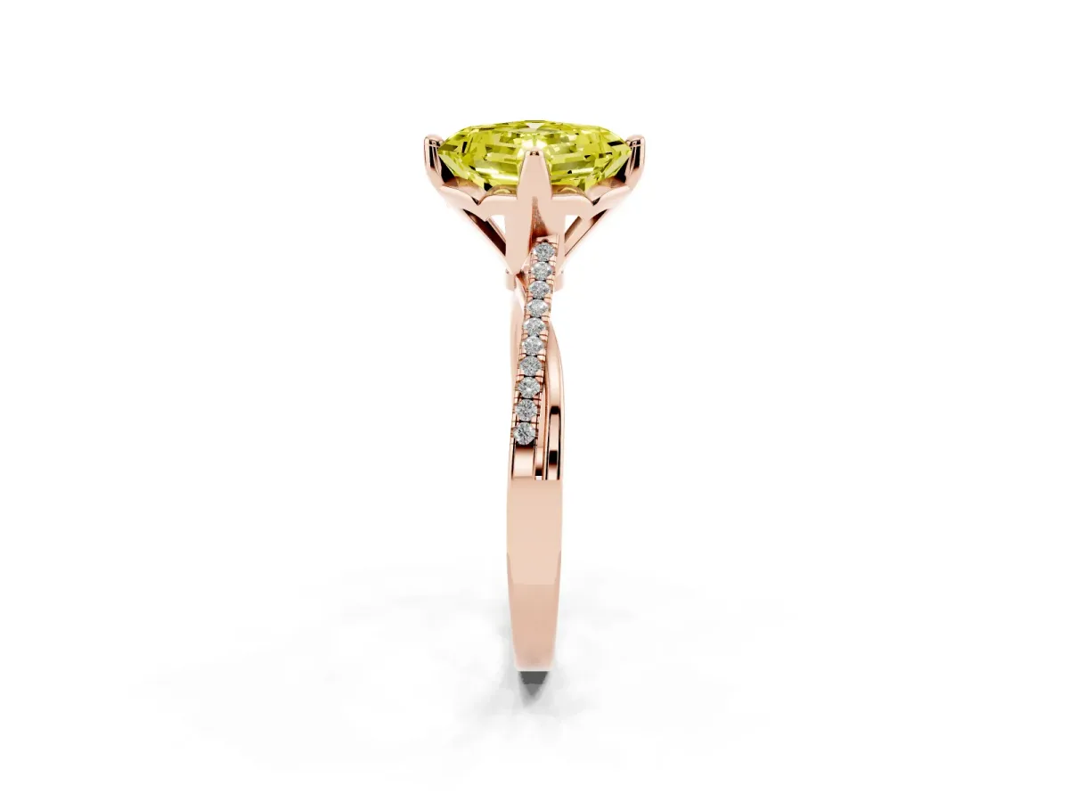 Fancy Yellow Asscher Cut Solitaire Twist Band with Pavé Diamonds and Four-Prong Setting Rose gold