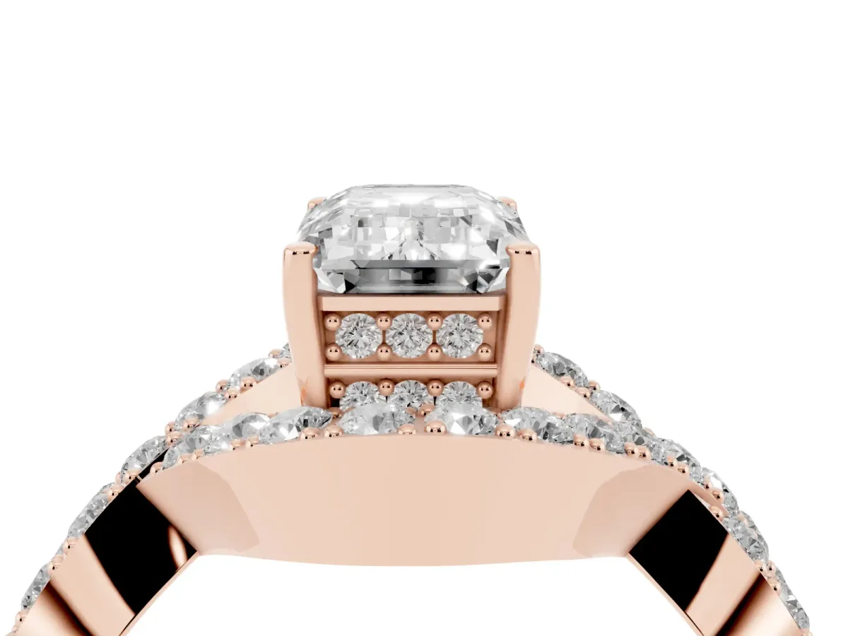 Emerald Cut Solitaire Twist Band Pavé Diamond Engagement Ring Rose gold
