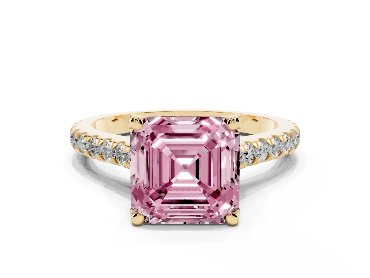 Fancy Pink Asscher Cut Brilliant Diamond Solitaire with Pavé Band and Four-Prong Setting Yellow gold