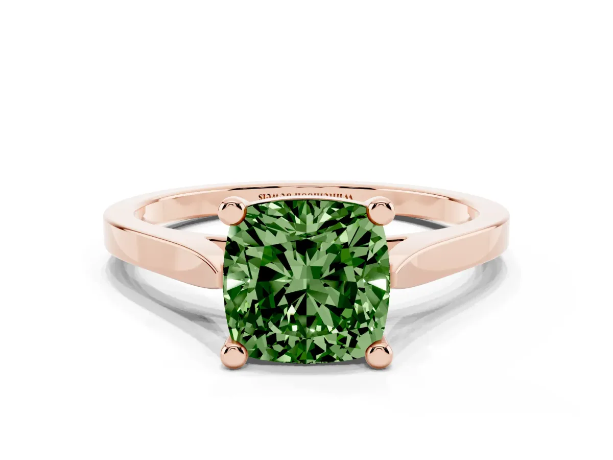 Fancy Green Cushion Cut Solitaire Diamond Ring with Four-Prong Setting and Tapered Band Rose gold