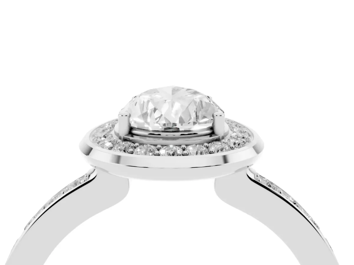 Pear Cut Diamond Halo Ring with Bezel Frame and Pavé Band Silver