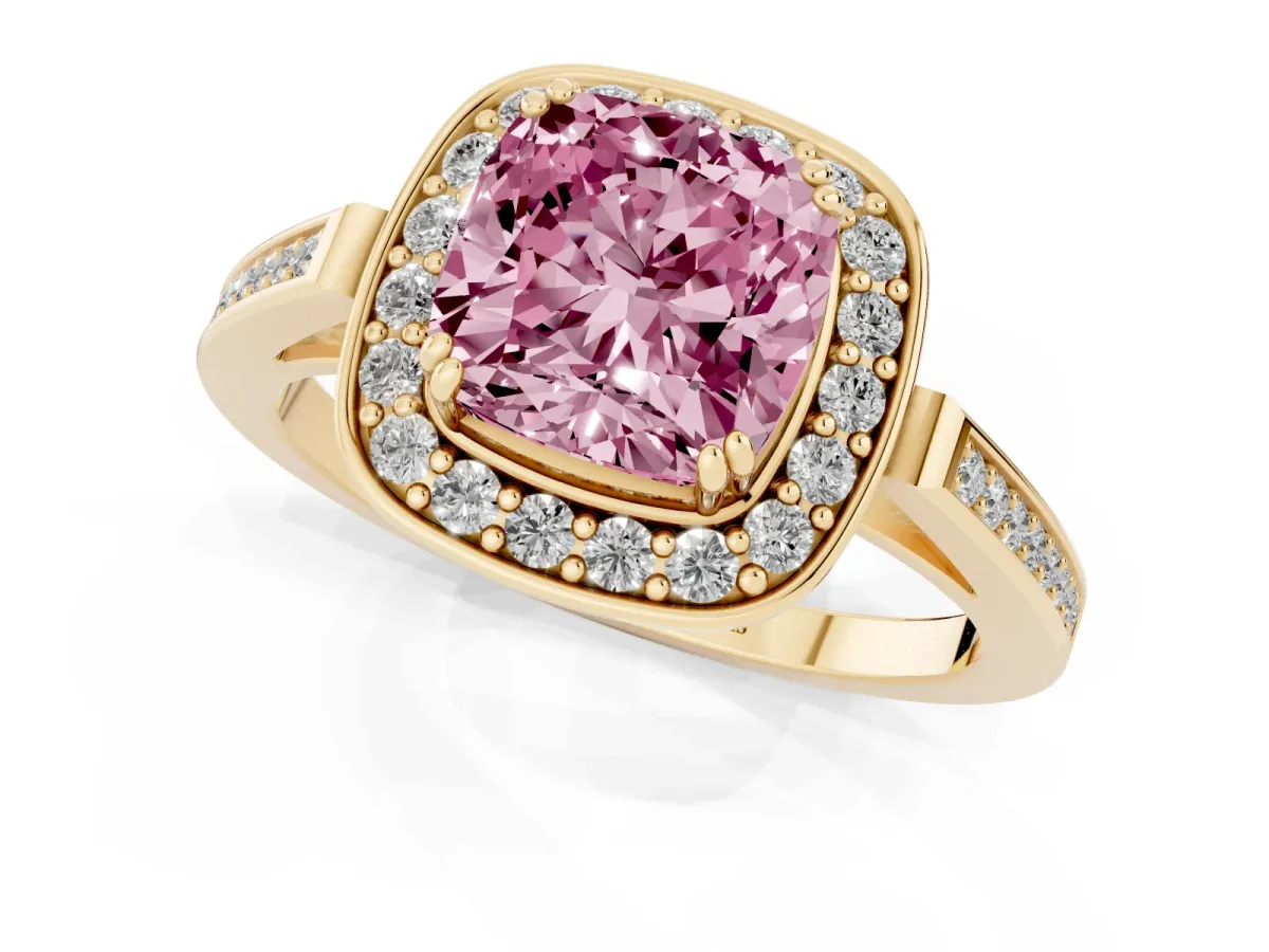 Fancy Pink Cushion Cut Diamond Halo Ring with Split Shank and Four-Prong Setting Yellow gold