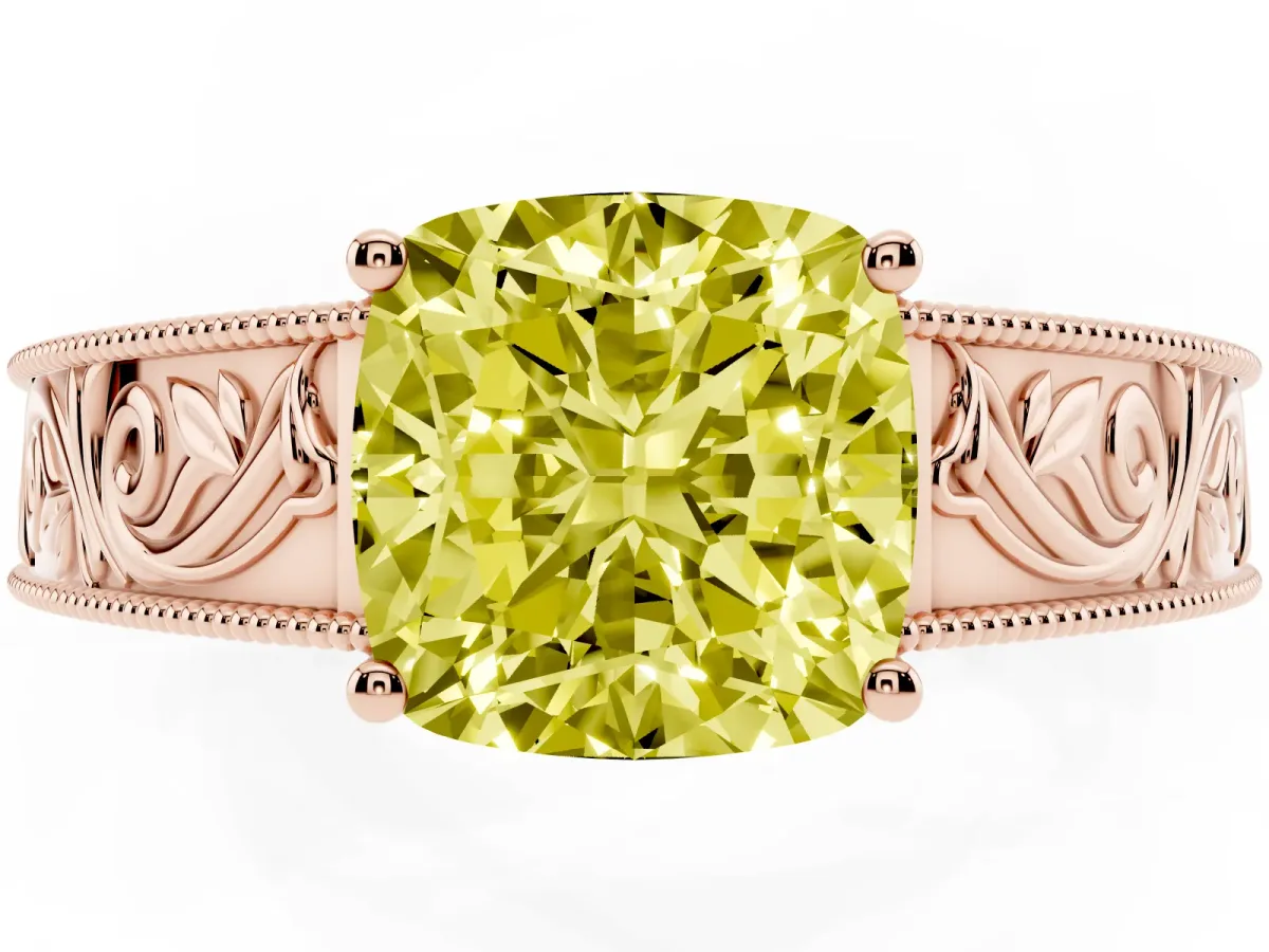 Fancy Yellow Cushion Cut Diamond Solitaire Ring with Engraved Band and Four-Prong Setting Rose gold