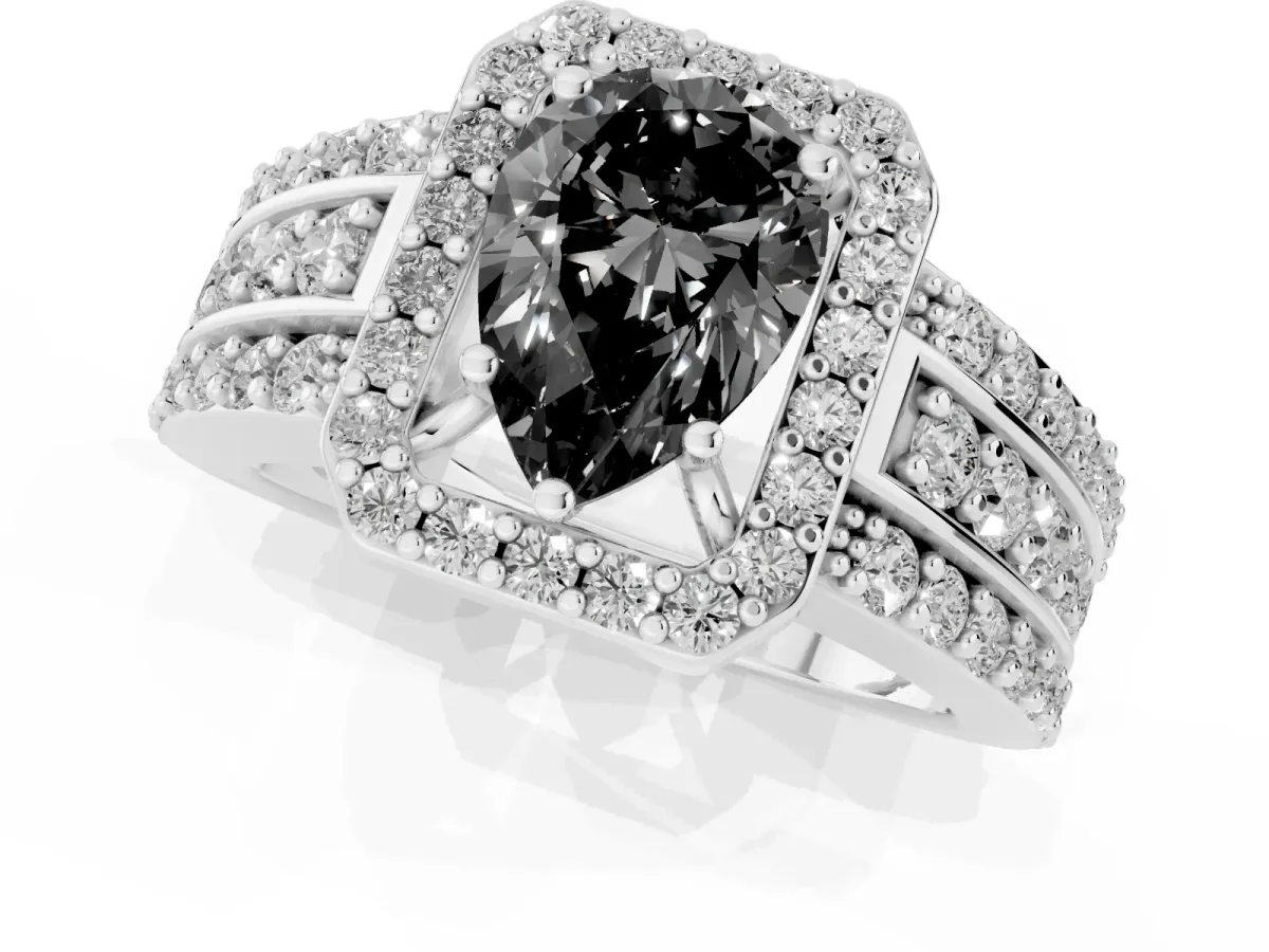 Fancy Black Pear Cut Halo Diamond Ring with Round Split Shank and Prong Setting Platinum