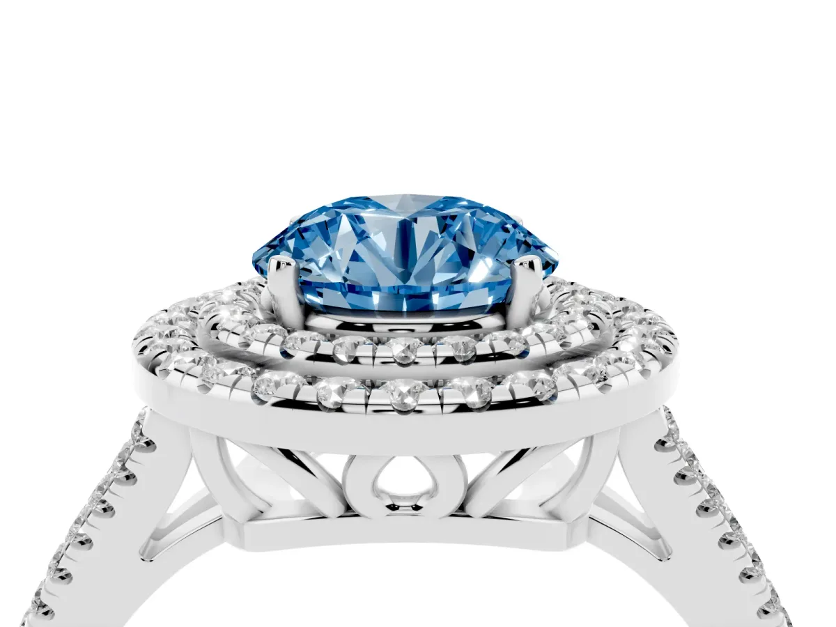 Fancy Blue Round Cut Diamond Double Halo Ring with Pavé Band and Prong Setting Platinum