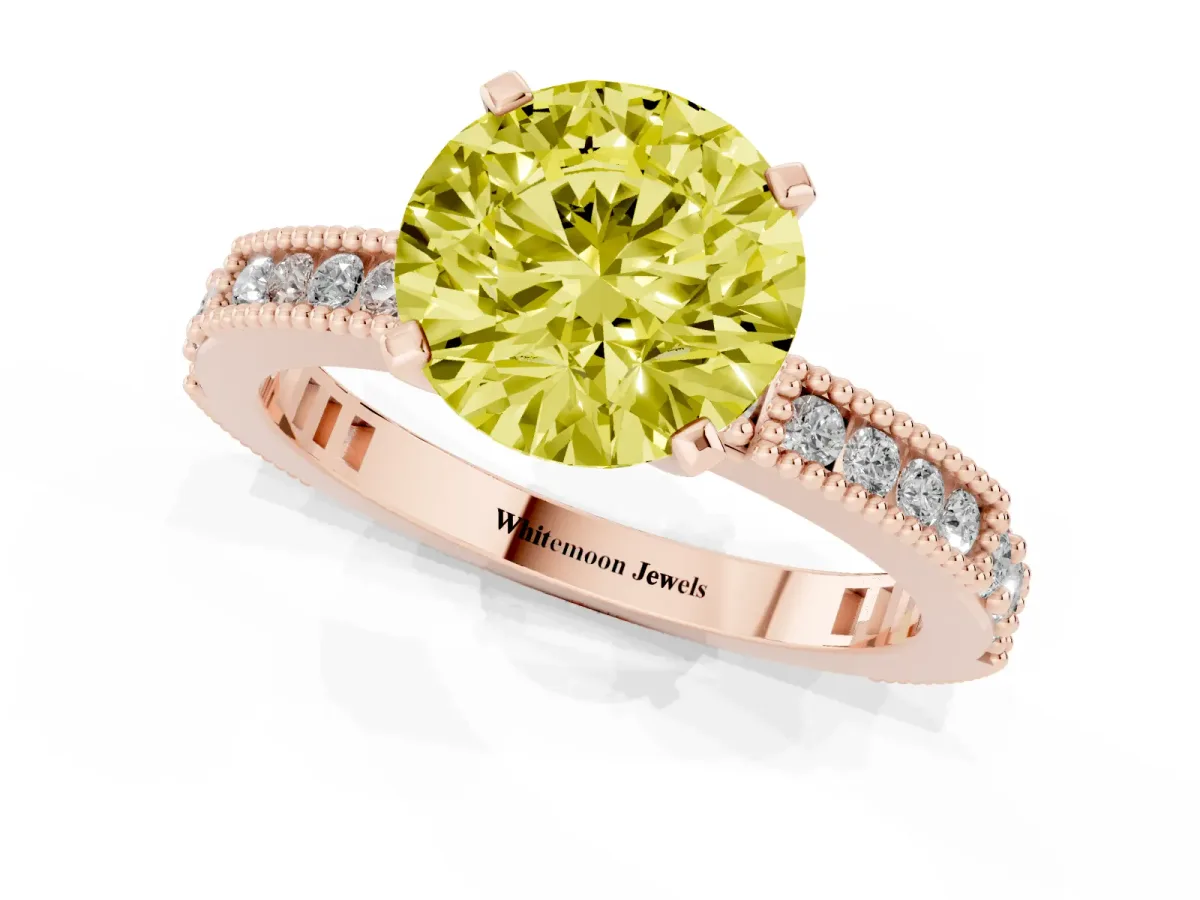 Fancy Yellow Round Cut Solitaire with Pavé Band and Four-Prong Setting Rose gold