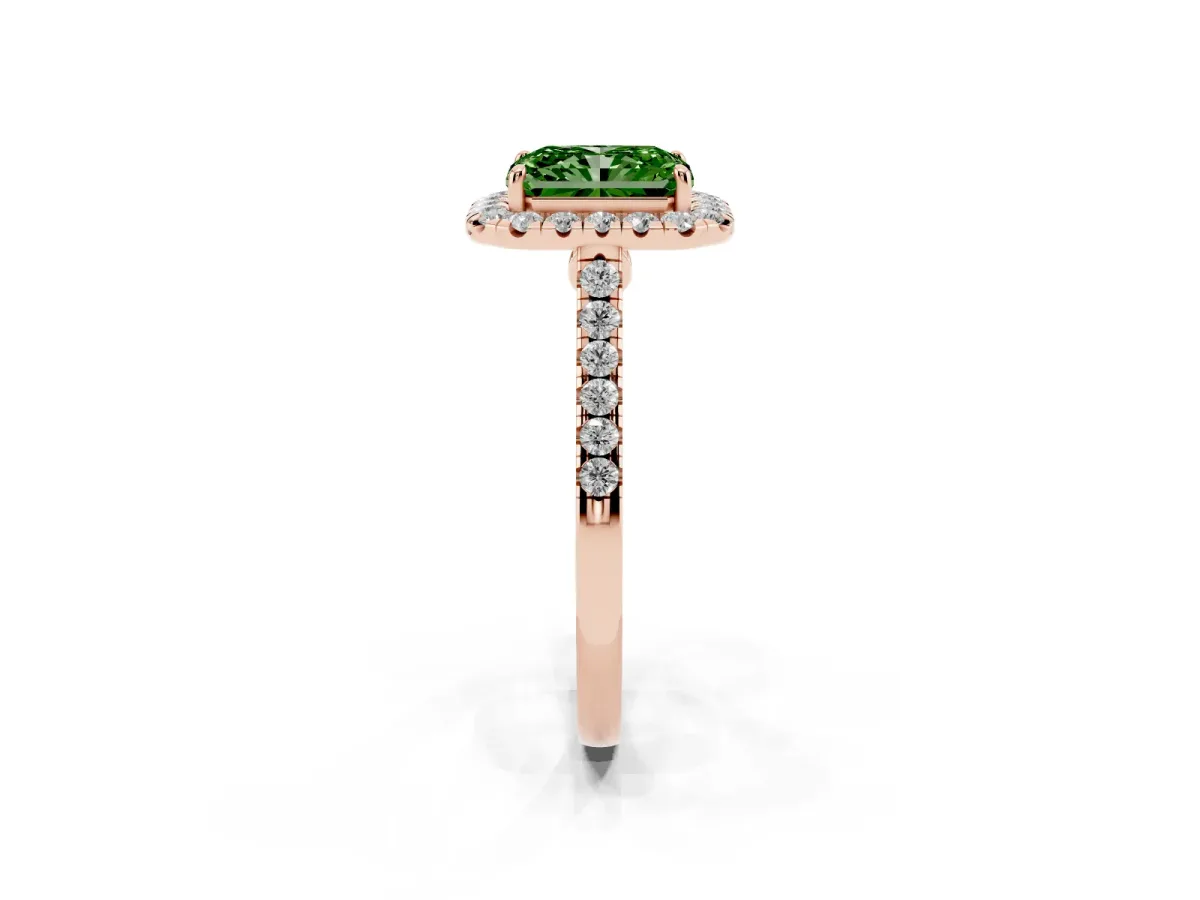 Fancy Green Radiant Cut Halo Pave Diamond Engagement Ring with Four-Prong Setting Rose gold