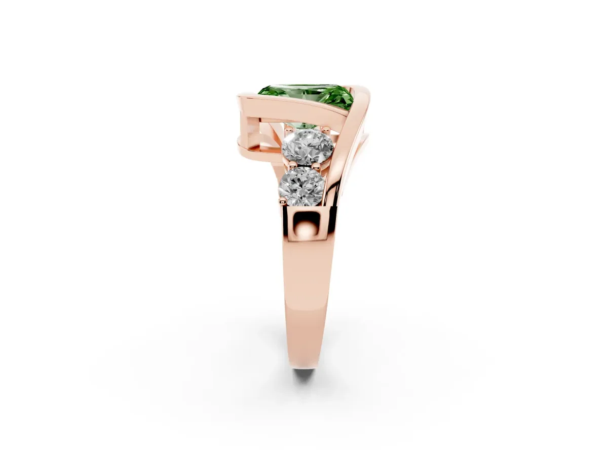 Fancy Green Bezel Set Radiant Cut Diamond Bypass Ring with Round Accents Rose gold