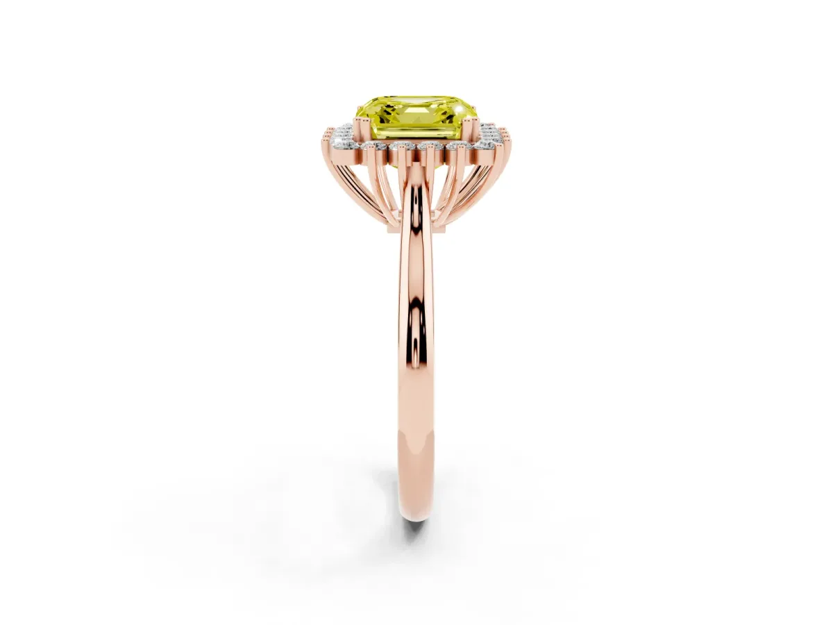 Fancy Yellow Asscher Cut Cut Diamond Halo Ring with Solitaire Band and Prong Setting Rose gold